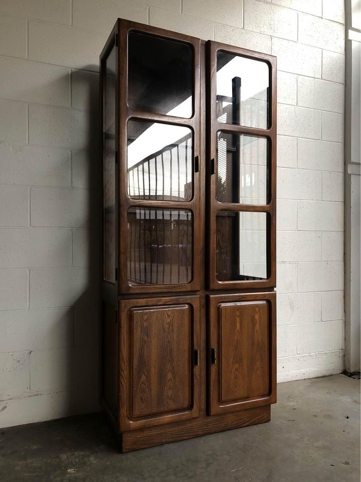 Vintage Mid Century Modern Glass and Wood Display Cabinet 1970s