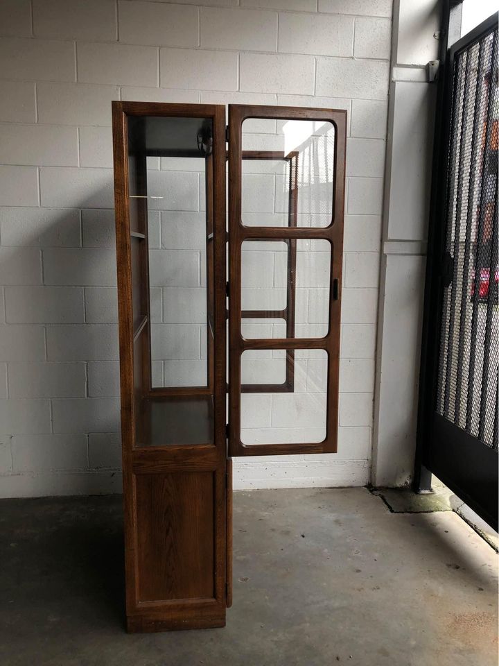 Vintage Mid Century Modern Glass and Wood Display Cabinet 1970s