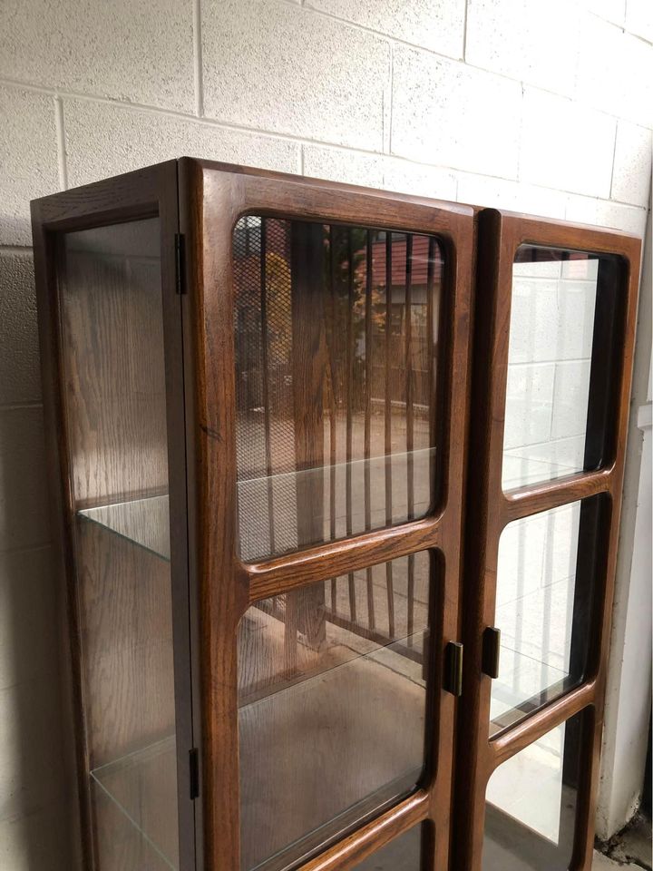 Vintage Mid Century Modern Glass and Wood Display Cabinet 1970s