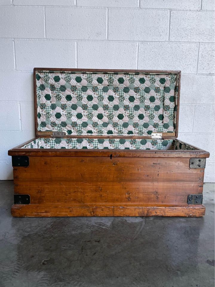 Antique Quilt Lined Wooden Chest