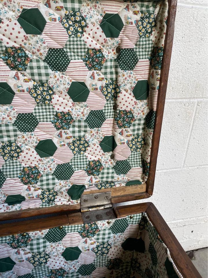 Antique Quilt Lined Wooden Chest